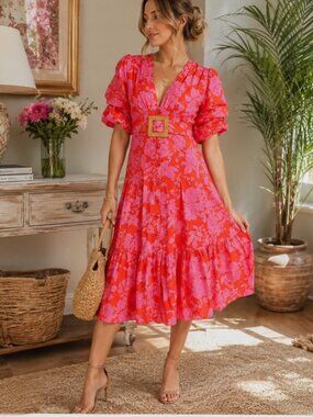 Savida Midi Dress NWT Red Pink Floral Puff Sleeve Belted Midi Tiered Ruffle